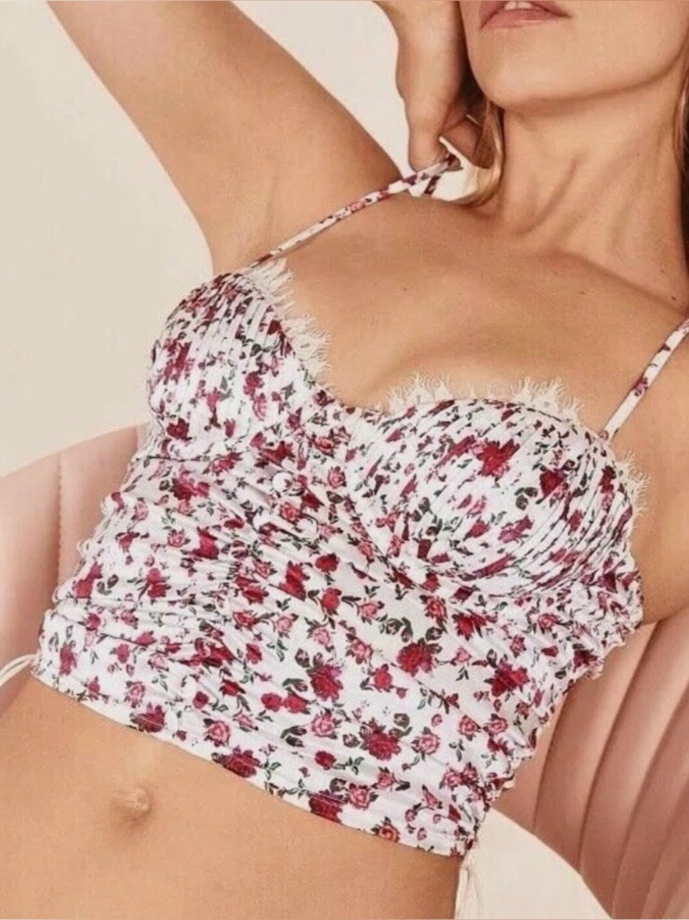 For Love & Lemons White Crop Cami with Red Floral Print